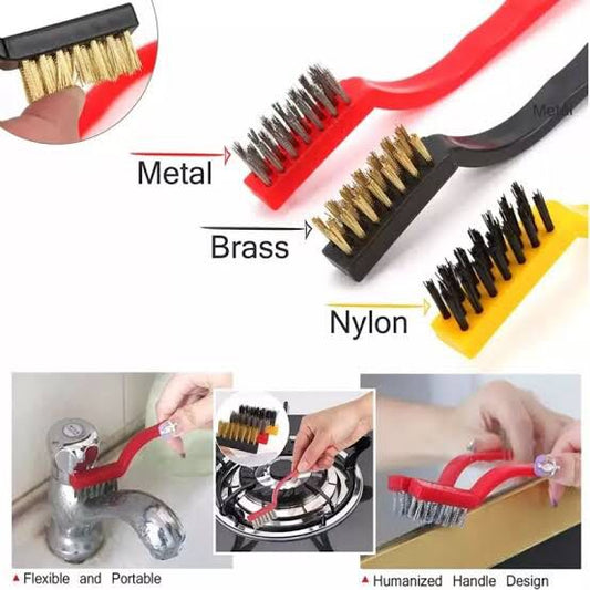 3 Pc Mini Wire Brush Cleaning Tool Kit Brass, Nylon, Stainless Steel Bristles (Multicolor)