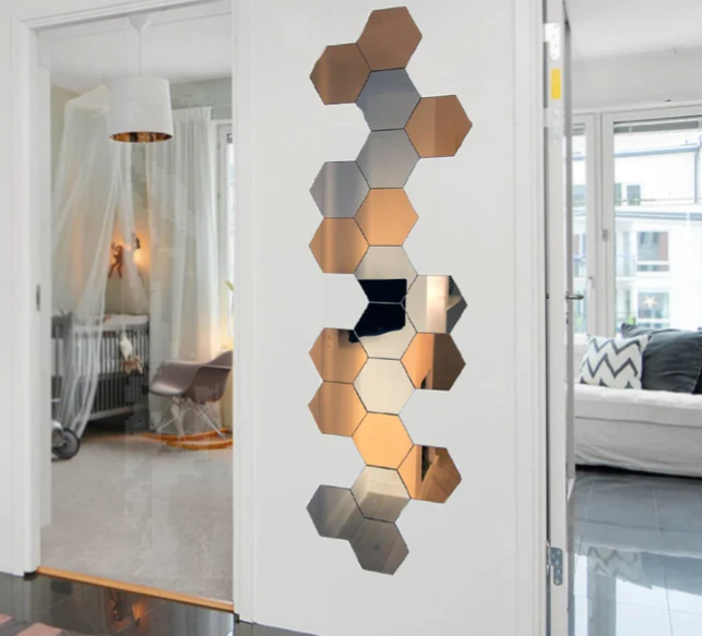 12 PCS Lot Geometric Solid Hexagonal Mirror Wall Stickers | Wall Decor