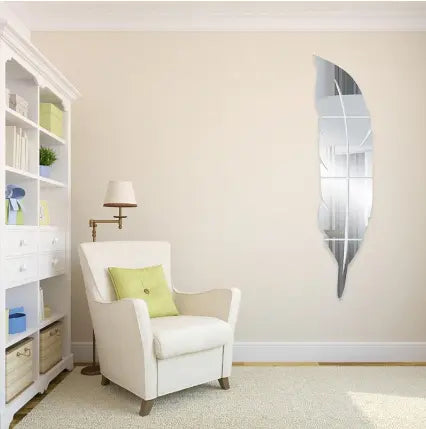 3D Silver Acrylic Leaf Mirror, Feather Shaped Wall Decor, Wall Mirror redecor